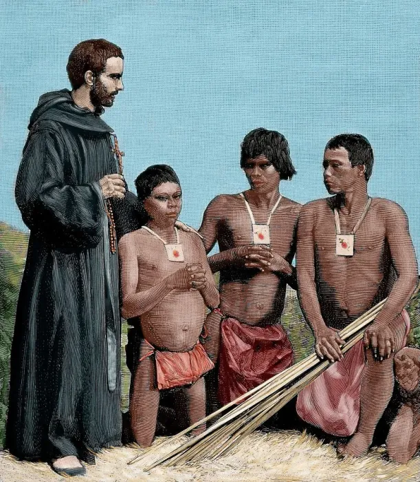 Framed Print : Augustinian Recollect friar converting Guahibo Indians, Spanish Mission, Colombia, 1887. Creator: Unknown Framed Print : Augustinian Recollect friar converting Guahibo Indians, Spanish Mission, Colombia, 1887. Creator: Unknown