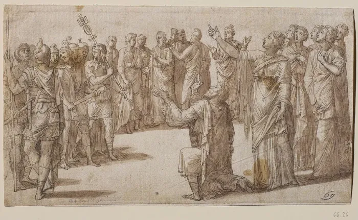 Framed Print : Augustus and the Tiburtine Sibyl, ca 1547. Creator: Lombard, Lambert (1505-1566) Framed Print : Augustus and the Tiburtine Sibyl, ca 1547. Creator: Lombard, Lambert (1505-1566)