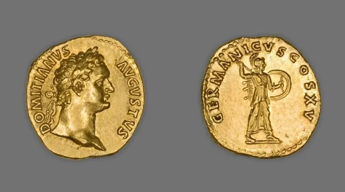 Framed Print : Aureus (Coin) Portraying Emperor Domitian, 90-91, issued by Domitian. Creator: Unknown Framed Print : Aureus (Coin) Portraying Emperor Domitian, 90-91, issued by Domitian. Creator: Unknown