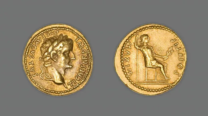 Framed Print : Aureus (Coin) Portraying Emperor Tiberius, 15-37 CE, issued by Tiberius