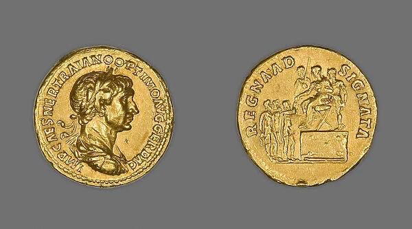 Aureus (Coin) Portraying Emperor Trajan, 114-115, issued by Trajan. Creator: Unknown