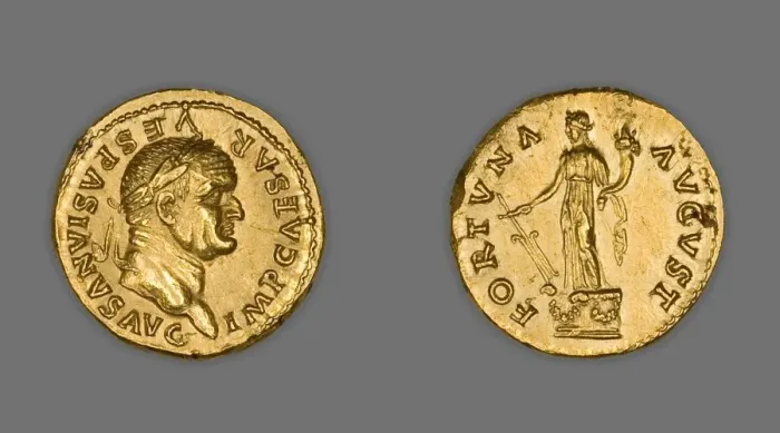 Framed Print : Aureus (Coin) Portraying Emperor Vespasian, 75-79, issued by Vespasian. Creator: Unknown Framed Print : Aureus (Coin) Portraying Emperor Vespasian, 75-79, issued by Vespasian. Creator: Unknown