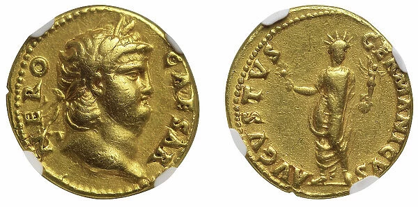 Aureus of Emperor Nero. Obverse: Laureate head of Nero. Reverse: The Colossus of Nero , 54-68. Creator: Numismatic, Ancient Coins
