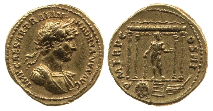 Framed Print : Aureus of Hadrian. Obverse: Laurel head of Hadrian on the right. Reverse: Statue of Hercules, 119... Creator: Numismatic, Ancient Coins Framed Print : Aureus of Hadrian. Obverse: Laurel head of Hadrian on the right. Reverse: Statue of Hercules, 119... Creator: Numismatic, Ancient Coins
