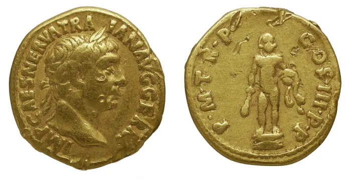 Framed Print : Aureus of Trajan. Obverse: Laurel head of Trajan on the right. Reverse: Statue of Hercules naked. Creator: Numismatic, Ancient Coins Framed Print : Aureus of Trajan. Obverse: Laurel head of Trajan on the right. Reverse: Statue of Hercules naked. Creator: Numismatic, Ancient Coins