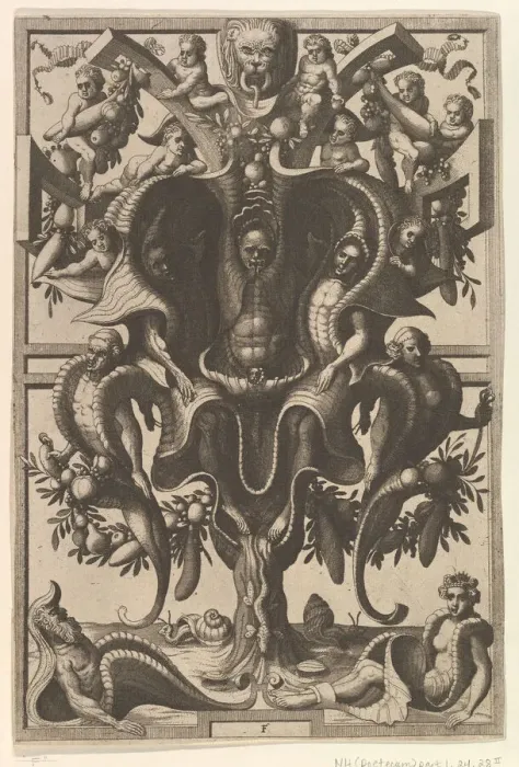 Framed Print : Auricular Cartouche with Figures within a Strapwork Frame from Veederley Veranderinghe Framed Print : Auricular Cartouche with Figures within a Strapwork Frame from Veederley Veranderinghe