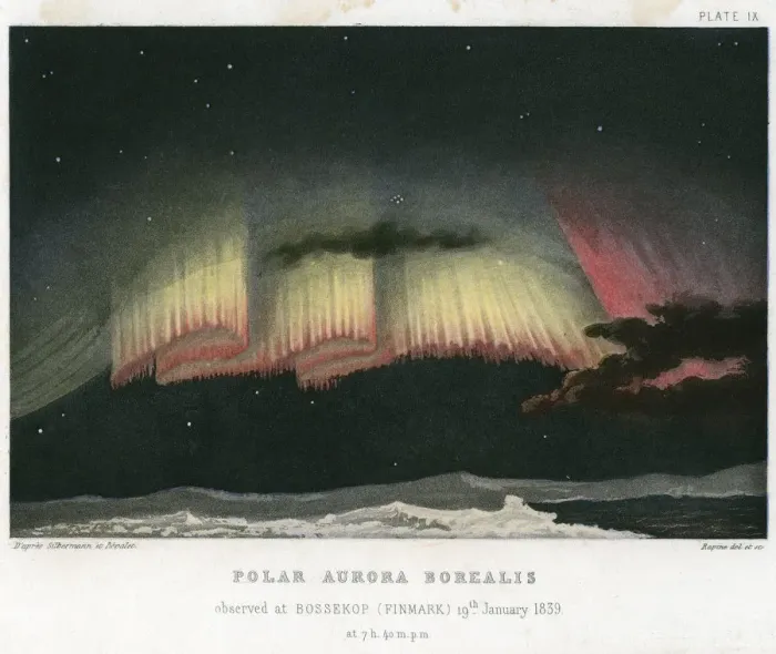 Framed Print : Aurora Borealis or Northern Lights, curtain form 1839. [1872]. Artist: Rapine
