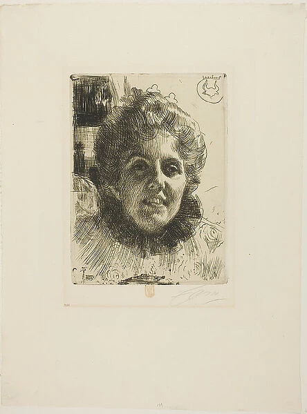 Aurore (Mrs. Aurore Klintberg, née Oxenstierna, Head), 1909. Creator: Anders Leonard Zorn