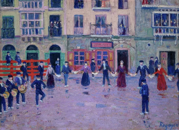 Framed Print : Aurresku Dance in the Rain in Mondragon, 1905. Creator: Regoyos y Valdes, Dario de (1857-1913) Framed Print : Aurresku Dance in the Rain in Mondragon, 1905. Creator: Regoyos y Valdes, Dario de (1857-1913)