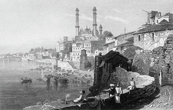 Aurungzebe's Mosque, at Benares, 1834. Creator: William Purser