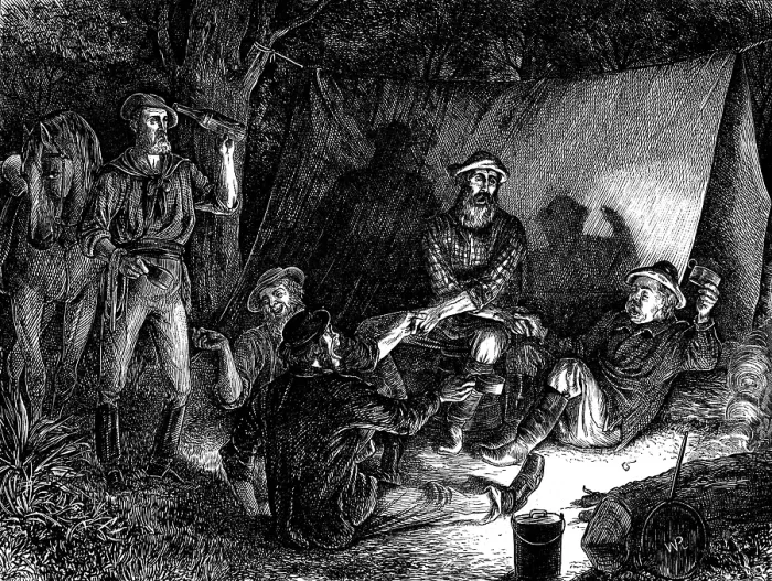 Framed Print : Australian diggers keeping Christmas Eve - Auld Lang Syne'; drawn by W. Ralston, 1873. Creator: Joseph Swain Framed Print : Australian diggers keeping Christmas Eve - Auld Lang Syne'; drawn by W. Ralston, 1873. Creator: Joseph Swain