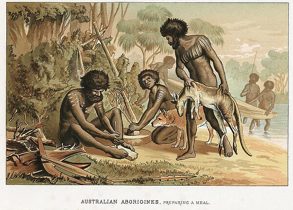 Australian natives preparing meal from an animal they have hunted, c1895
