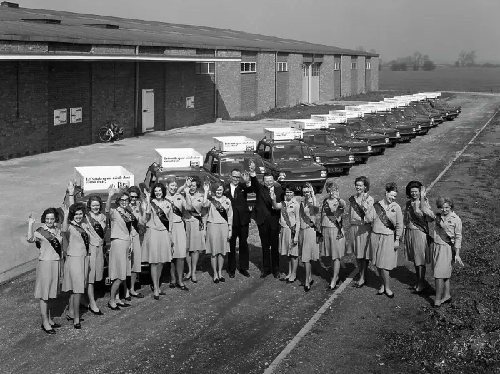 Framed Print : Australian sales girls in front of a fleet of 1965 Hillman Imps, Selby, North Yorkshire, 1965 Framed Print : Australian sales girls in front of a fleet of 1965 Hillman Imps, Selby, North Yorkshire, 1965