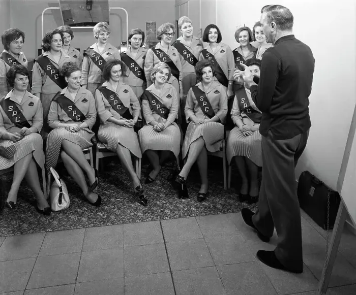 Framed Print : Australian sales girls with SPL sashes listen to a sales talk, Selby, North Yorkshire, 1965 Framed Print : Australian sales girls with SPL sashes listen to a sales talk, Selby, North Yorkshire, 1965