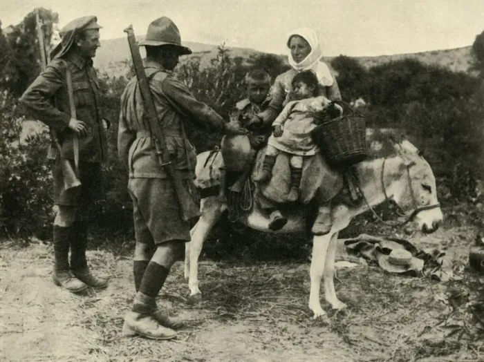 Framed Print : Australian soldier giving water to a Turkish family, First World War, 1915-1916, (c1920) Framed Print : Australian soldier giving water to a Turkish family, First World War, 1915-1916, (c1920)