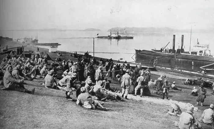 Framed Print : Austrian prisoners taken by Serbians resting at mid-day on the banks of the Danube, 1915 Framed Print : Austrian prisoners taken by Serbians resting at mid-day on the banks of the Danube, 1915