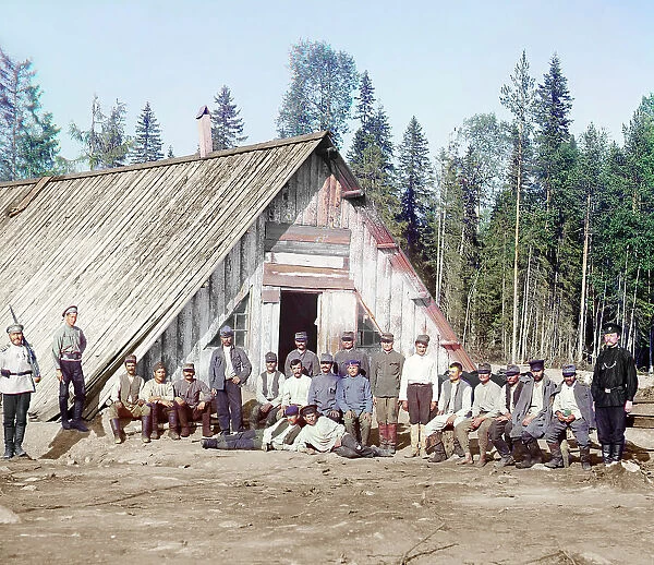 Austrian prisoners of war near a barrack, [near Kiappeselga], 1915. Creator: Sergey Mikhaylovich Prokudin-Gorsky