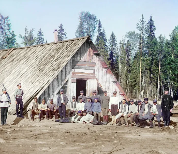 Framed Print : Austrian prisoners of war near a barrack, [near Kiappeselga], 1915. Creator: Sergey Mikhaylovich Prokudin-Gorsky