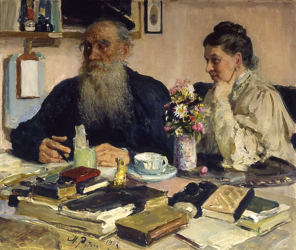 The author Leo Tolstoy with his wife in Yasnaya Polyana, 1907. Artist: Il'ya Repin