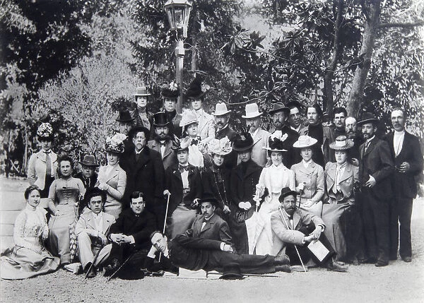 Author Maxim Gorky and Anton Chekhov between the actors of the Moscow Art Theatre, 1900