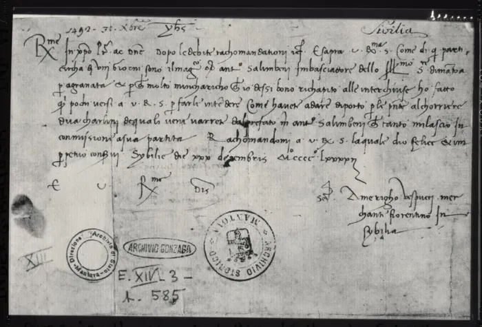 Framed Print : Autograph letter of Amerigo Vespucci written on 30th December 1492 in Seville to Framed Print : Autograph letter of Amerigo Vespucci written on 30th December 1492 in Seville to