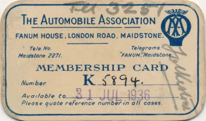 Framed Print : The Automobile Association: Membership card, 1936 Framed Print : The Automobile Association: Membership card, 1936