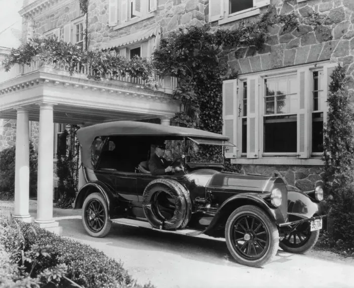 Framed Print : Automobile owned by Mrs. Charles W. Richardson in driveway with driver at the...Washington DC, c1919 Creator: Frances Benjamin Johnston Framed Print : Automobile owned by Mrs. Charles W. Richardson in driveway with driver at the...Washington DC, c1919 Creator: Frances Benjamin Johnston