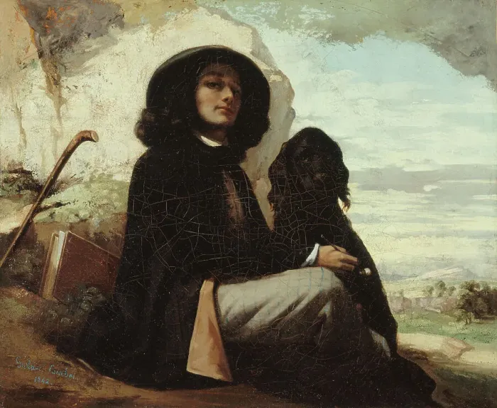 Framed Print : Autoportrait dit Courbet au chien noir, between 1842 and 1844. Creator: Gustave Courbet
