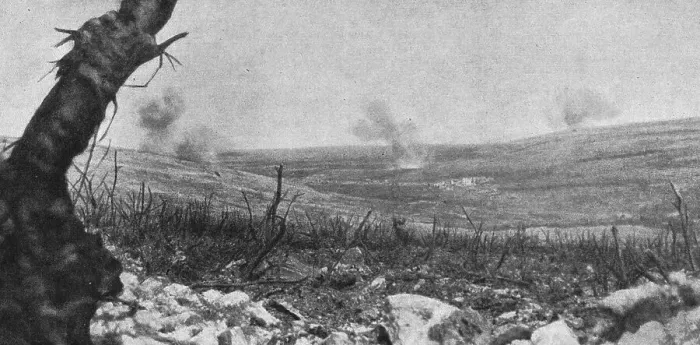 Framed Print : Autour de Douaumont; la vallee de Vaux et les eclatements de nos 155 sur les pentes... 1916. Creator: Unknown Framed Print : Autour de Douaumont; la vallee de Vaux et les eclatements de nos 155 sur les pentes... 1916. Creator: Unknown