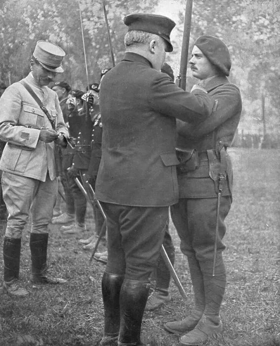 Framed Print : Autour de la Bataille; Le Caporal Goutaudier, decore par M Poincare de la Legion d'Honneur, 1016. Creator: Unknown Framed Print : Autour de la Bataille; Le Caporal Goutaudier, decore par M Poincare de la Legion d'Honneur, 1016. Creator: Unknown