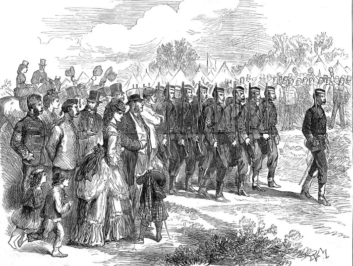 Framed Print : The Autumn Campaign: arrival of the Oxford University Volunteers in the Southern Camp, 1872. Creator: Unknown Framed Print : The Autumn Campaign: arrival of the Oxford University Volunteers in the Southern Camp, 1872. Creator: Unknown