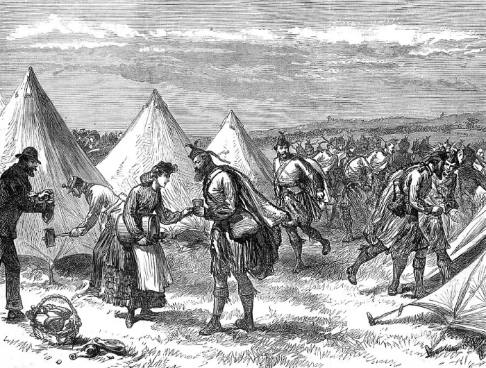 Framed Print : The Autumn Campaign: Arrival of Volunteers...the London Scottish breaking off to their tents, 1872. Creator: Unknown Framed Print : The Autumn Campaign: Arrival of Volunteers...the London Scottish breaking off to their tents, 1872. Creator: Unknown