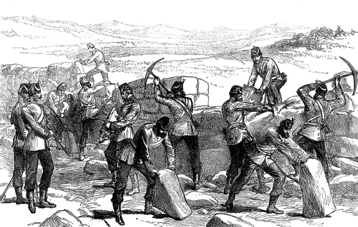 Framed Print : Autumn Campaign on Dartmoor: engineers making a passage through a stone wall, 1873. Creator: Unknown Framed Print : Autumn Campaign on Dartmoor: engineers making a passage through a stone wall, 1873. Creator: Unknown