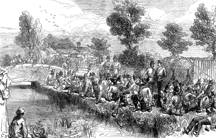 Framed Print : The Autumn Campaign on Dartmoor: volunteers resting by the river, 1873. Creator: Unknown Framed Print : The Autumn Campaign on Dartmoor: volunteers resting by the river, 1873. Creator: Unknown