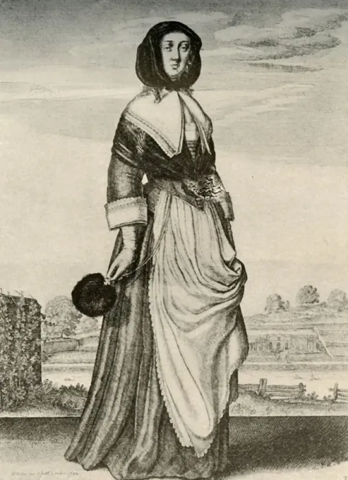 Framed Print : Autumn - An English woman in hood and apron, reign of Charles I, c1620-1640, (1937) Creator Framed Print : Autumn - An English woman in hood and apron, reign of Charles I, c1620-1640, (1937) Creator