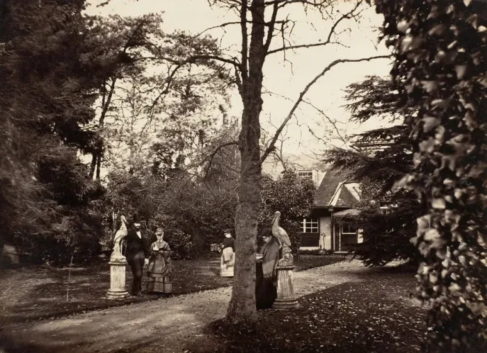 Framed Print : Autumn Scene with People on Lawn near Cottage, ca. 1855. Creator: Unknown Framed Print : Autumn Scene with People on Lawn near Cottage, ca. 1855. Creator: Unknown