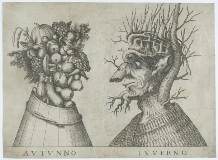 Framed Print : Autumn and Winter: two heads made from flora typical of those seasons, ca. 1580-1620. ca. 1580-1620 Creator: Anon Framed Print : Autumn and Winter: two heads made from flora typical of those seasons, ca. 1580-1620. ca. 1580-1620 Creator: Anon