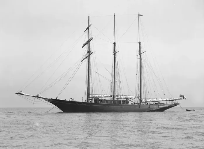 Framed Print : The auxiliary schooner La Cigale at anchor, 1913. Creator: Kirk & Sons of Cowes Framed Print : The auxiliary schooner La Cigale at anchor, 1913. Creator: Kirk & Sons of Cowes