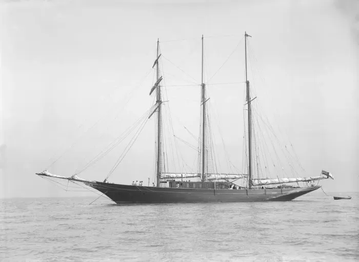 Framed Print : The auxiliary schooner La Cigale at anchor, 1913. Creator: Kirk & Sons of Cowes Framed Print : The auxiliary schooner La Cigale at anchor, 1913. Creator: Kirk & Sons of Cowes