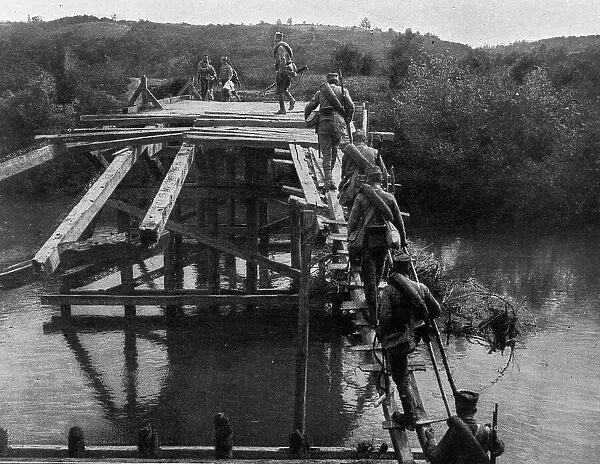 Avec l'armee Serbe sur le Front Nord; Un pont sur la Koloubara qui fut pris et repris... 1916. Creator: Vladimir Betzitch