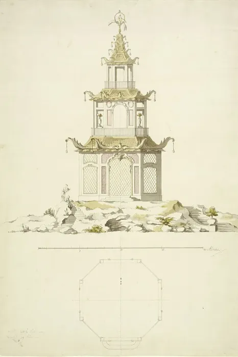 Framed Print : Aviary at Kina Castle, Drottningholm - Facade and plan, c1758. Creator: Carl Fredrik Adelcrantz Framed Print : Aviary at Kina Castle, Drottningholm - Facade and plan, c1758. Creator: Carl Fredrik Adelcrantz