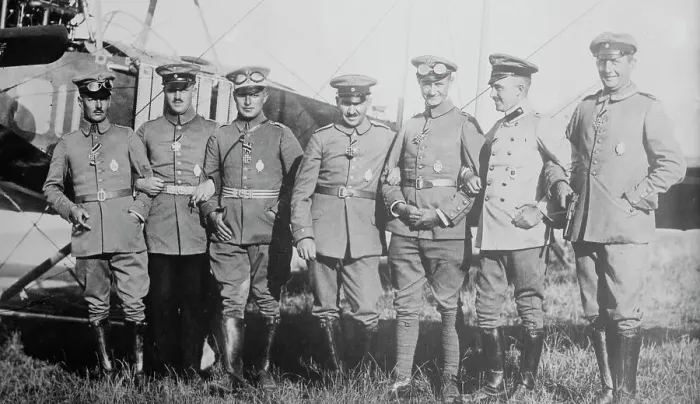Framed Print : Aviators decorated with iron cross: Saenger, Baas, Hahn, Ingold, Hug... between c1910 and c1915. Creator: Bain News Service Framed Print : Aviators decorated with iron cross: Saenger, Baas, Hahn, Ingold, Hug... between c1910 and c1915. Creator: Bain News Service