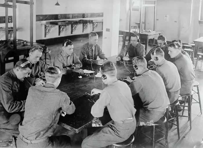 Framed Print : Aviators practicing telegraphy, 1917. Creator: Bain News Service Framed Print : Aviators practicing telegraphy, 1917. Creator: Bain News Service