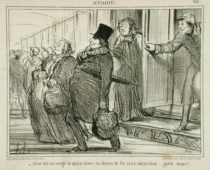 Framed Print : Avoir fait un voyage de quinze lieues en chemin de fer.. 1855. Creator: Honore Daumier Framed Print : Avoir fait un voyage de quinze lieues en chemin de fer.. 1855. Creator: Honore Daumier