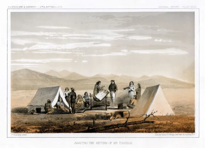 Framed Print : Awaiting the Return Of Mr Tinkham, 1856. Artist: John Mix Stanley Framed Print : Awaiting the Return Of Mr Tinkham, 1856. Artist: John Mix Stanley