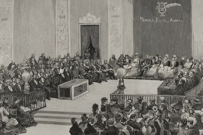 Framed Print : Awarding of prizes during the Floral Games, auditorium of the Central University, Madrid...1878. Creator: Juan Comba Garcia Framed Print : Awarding of prizes during the Floral Games, auditorium of the Central University, Madrid...1878. Creator: Juan Comba Garcia