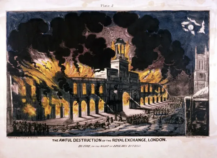 Framed Print : The Awful Destruction of the Royal Exchange (2nd) fire, London, 1838. Artist: W Clerk Framed Print : The Awful Destruction of the Royal Exchange (2nd) fire, London, 1838. Artist: W Clerk