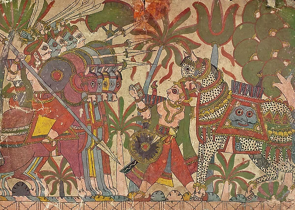 Babhruvahana Faces Arjuna's Army with Syamakarna... c1850. Creator: Unknown