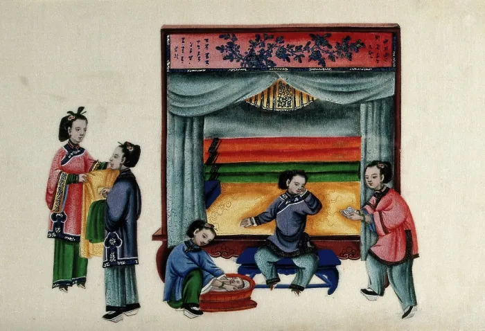 Framed Print : A baby is bathed while an attendant brings tea to the mother who is reclining on a settee... 1800. Creator: Unknown Framed Print : A baby is bathed while an attendant brings tea to the mother who is reclining on a settee... 1800. Creator: Unknown
