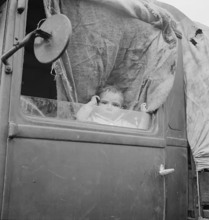 Framed Print : Baby from Mississippi parked in truck at FSA camp, Merrill, Oregon, 1939. Creator: Dorothea Lange Framed Print : Baby from Mississippi parked in truck at FSA camp, Merrill, Oregon, 1939. Creator: Dorothea Lange